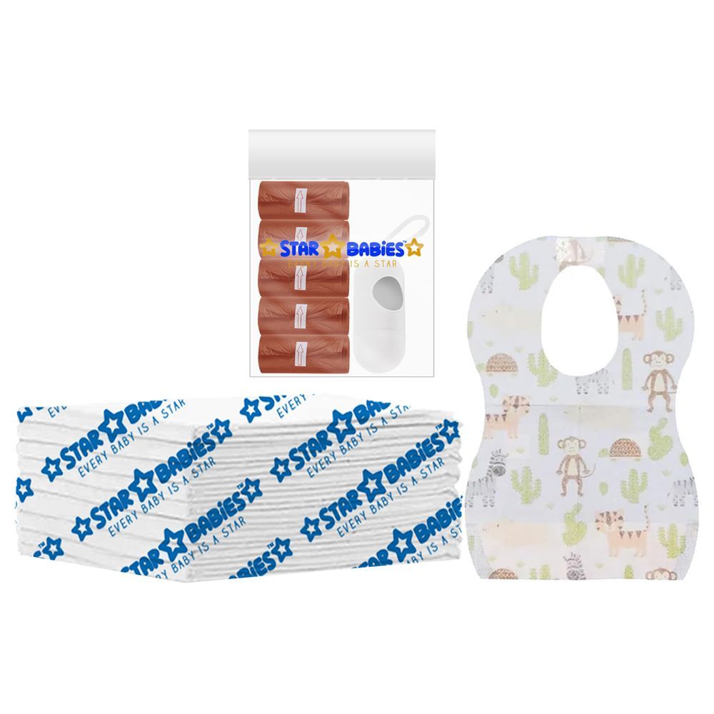 Star Babies - Disposable Changing Mat 8pcs, Bibs 8pcs, Scented Bag w/ Dispenser - White