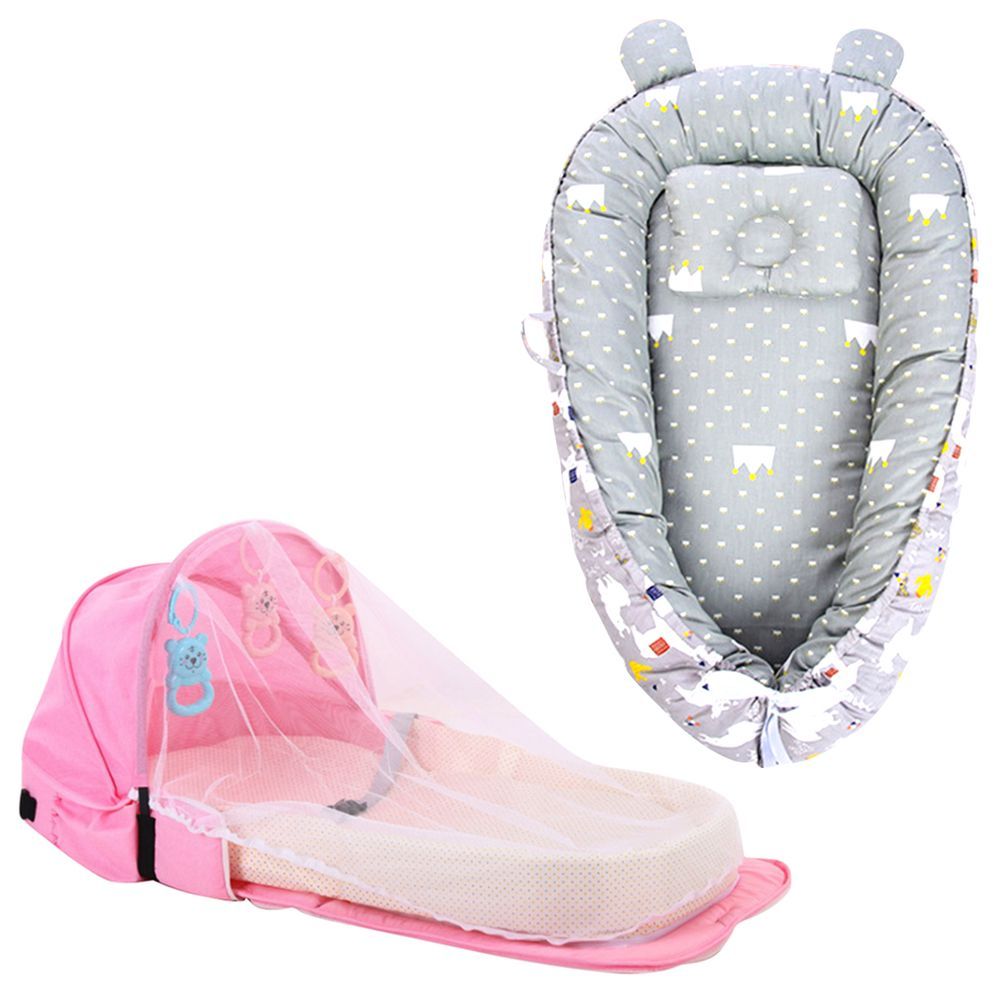 Star Babies - Printed Sleeping Pod & Bed w/ Mosquito Net - Grey/Pink