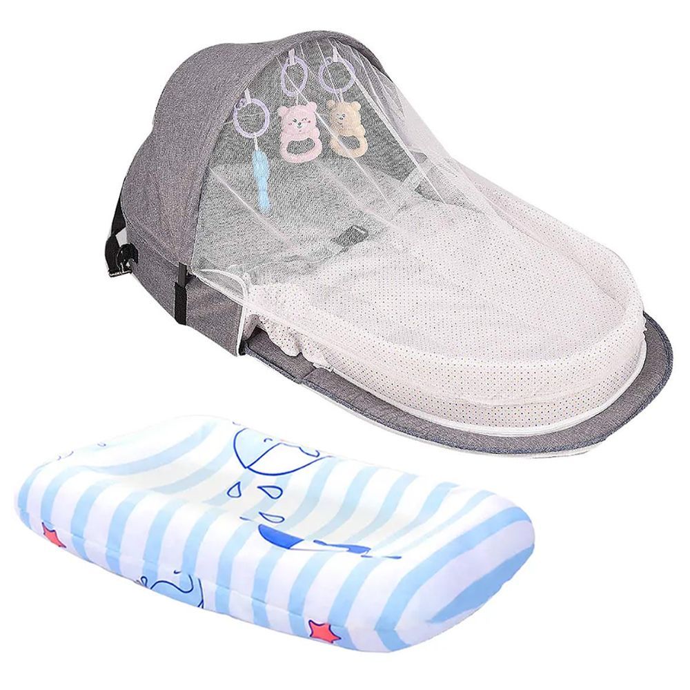 Star Babies - Bed w/ Mosquito Net & Printed Changing Pad - Grey/Blue