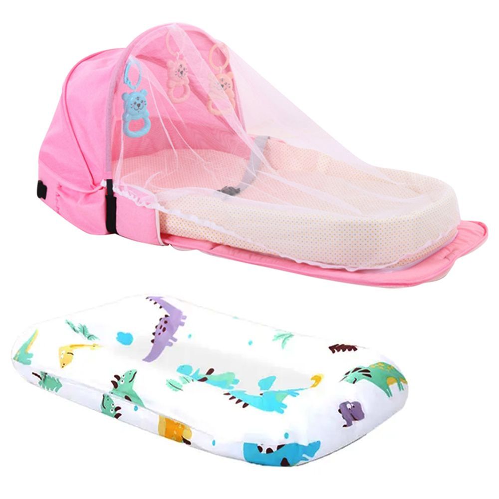 Star Babies - Bed w/ Mosquito Net & Animal Printed Changing Pad - Pink