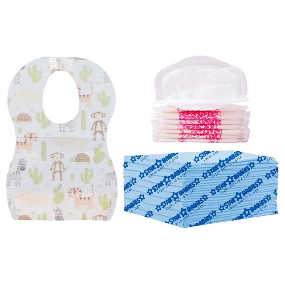 Star Babies - Disposable Changing Mat 8pcs, Breast Pad 8pcs, Bibs 8pcs - Blue