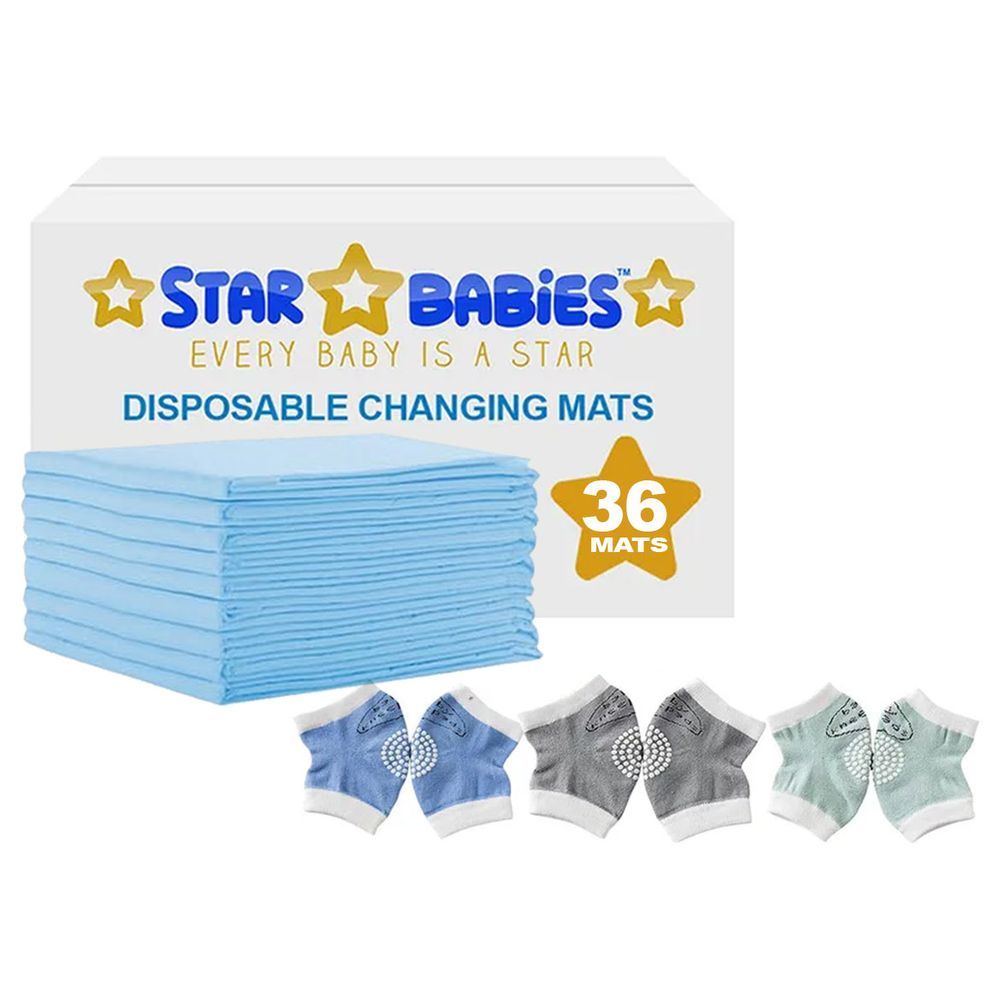 Star Babies - Disposable Changing Mat 36pcs w/ Baby Boy's Knee Pad - Blue