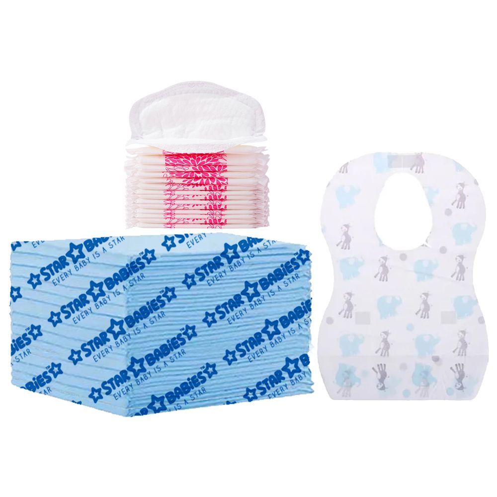 Star Babies - Changing Mat 15pcs w/ Breast Pad 15pcs & Disposable Bibs 15pcs - Blue