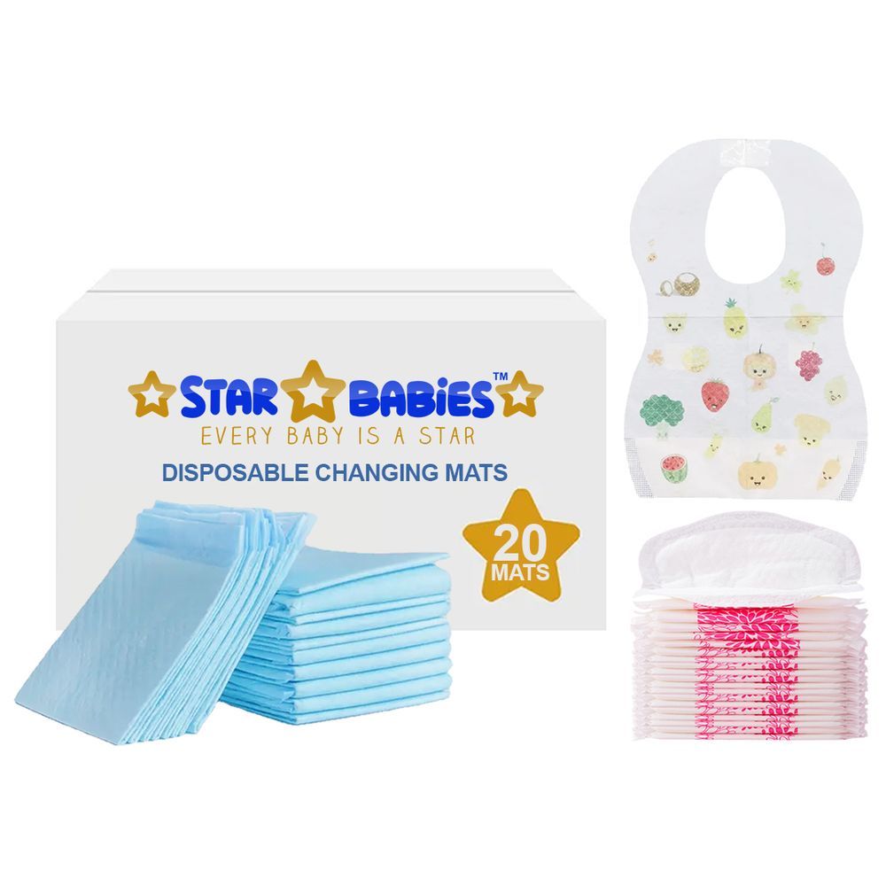 Star Babies - Changing Mat 20pcs w/ Breast Pad 20pcs & Disposable Bibs 20pcs - Blue