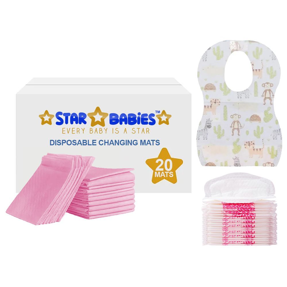 Star Babies - Changing Mat 20pcs w/ Breast Pad 20pcs & Disposable Bibs 20pcs - Pink