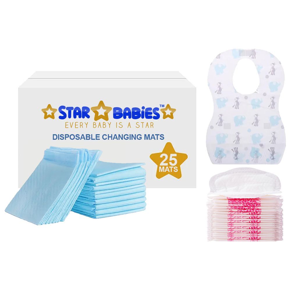 Star Babies - Changing Mat 25pcs w/ Breast Pad 25pcs & Disposable Bibs 25pcs - Blue