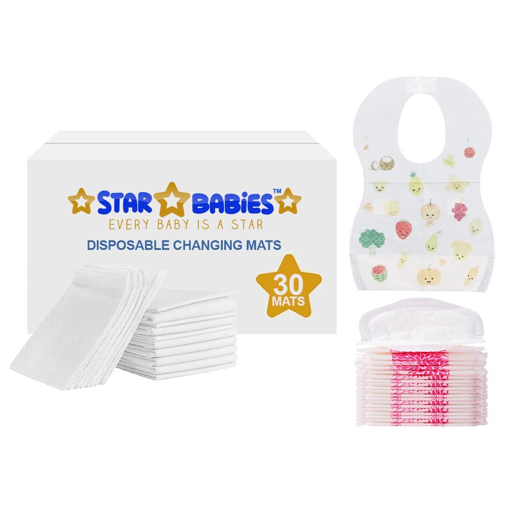 Star Babies - Changing Mat 30pcs w/ Breast Pad 30pcs & Disposable Bibs 30pcs - White