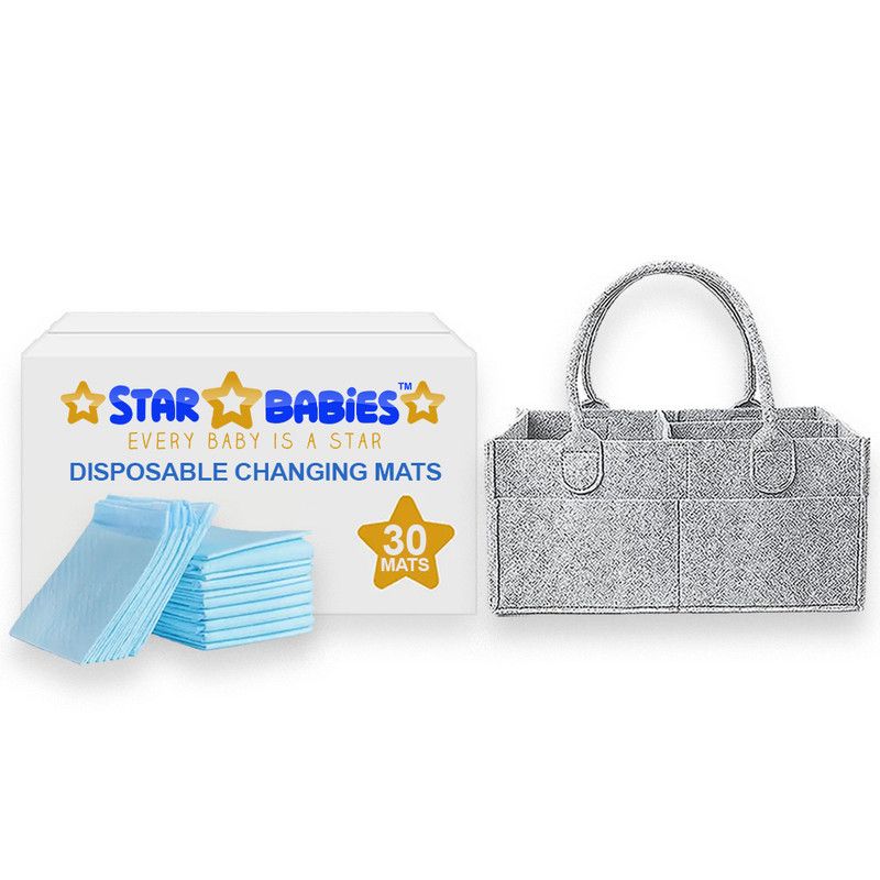 Star Babies - Baby Diaper Caddy Organizer With Disposable Changing Mat 30Pc Set - Grey