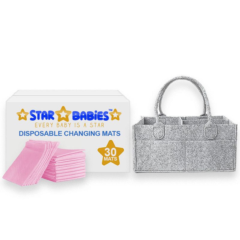 Star Babies - Baby Diaper Caddy Organizer With Disposable Changing Mat 30Pc Set - Pink