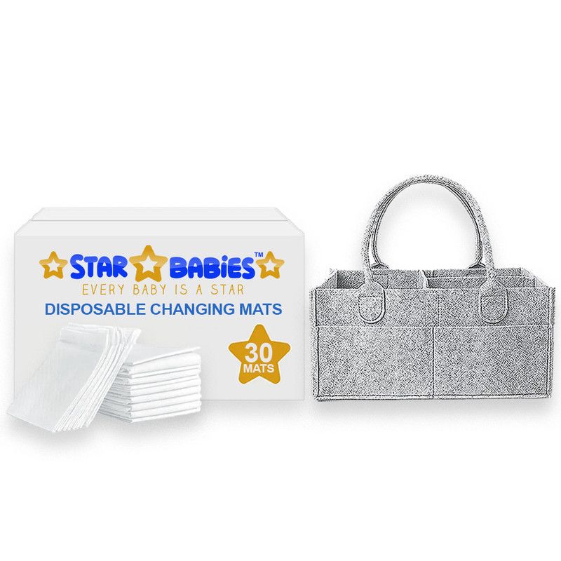 Star Babies - Baby Diaper Caddy Organizer With Disposable Changing Mat 30Pc Set - White