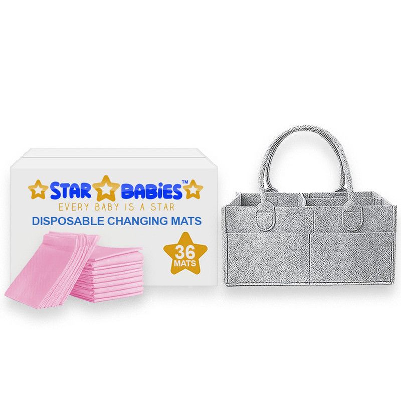 Star Babies - Baby Diaper Caddy Organizer With Disposable Changing Mat 36Pc Set - Pink