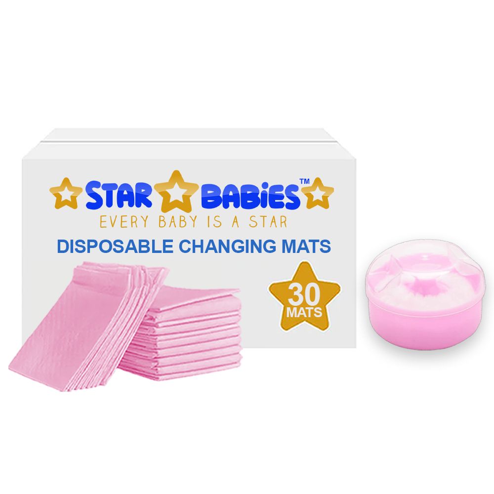 Star Babies - Disposable Changing Pads With Kids Powder Puff And Container Case 30Pc Set - Pink