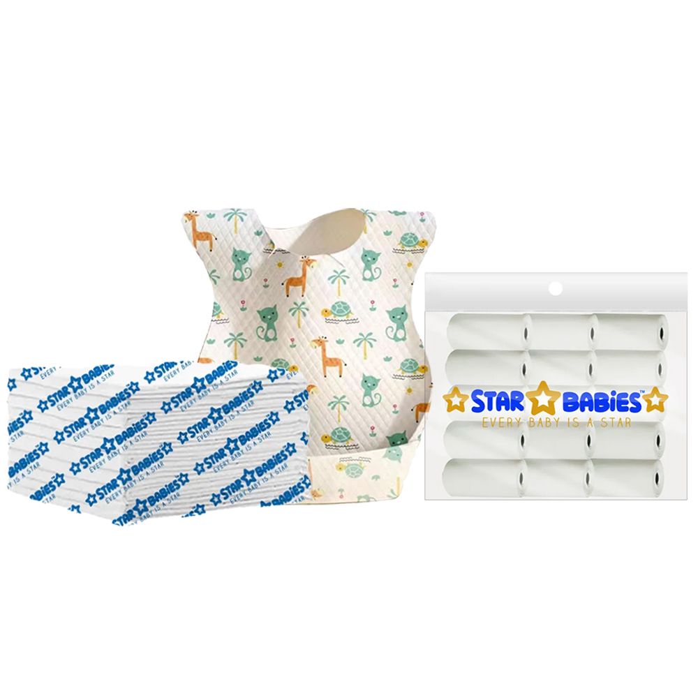 Star Babies - Disposable Changing Pads, Paper Bibs With Catcher & Disposable Scented Bag 45Pc Set - White