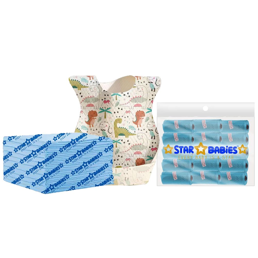 Star Babies - Disposable Changing Pads, Paper Bibs With Catcher & Disposable Scented Bag 45Pc Set - Blue