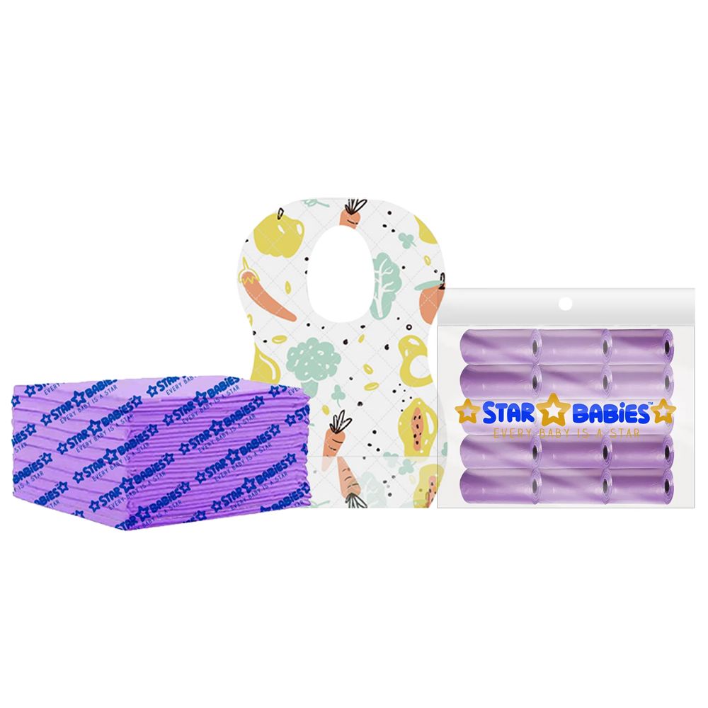 Star Babies - Disposable Changing Pads, Paper Bibs With Catcher & Disposable Scented Bag 45Pc Set - Lavender