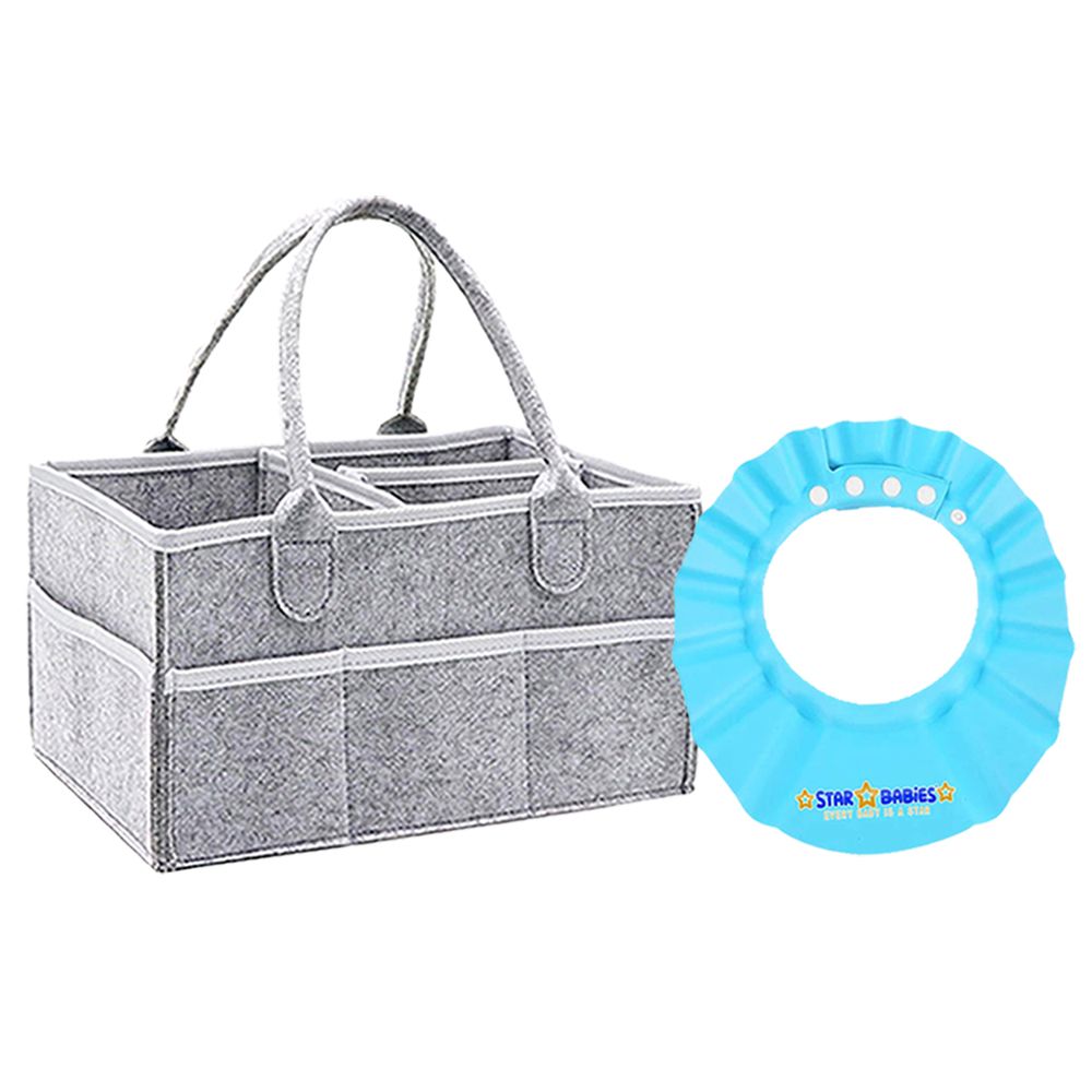 Star Babies - Baby Diaper Caddy Organizer And Shower Cap - Grey/Blue