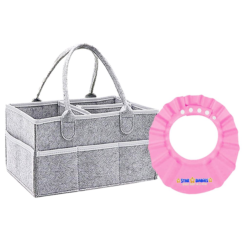 Star Babies - Baby Diaper Caddy Organizer And Shower Cap - Grey/Pink