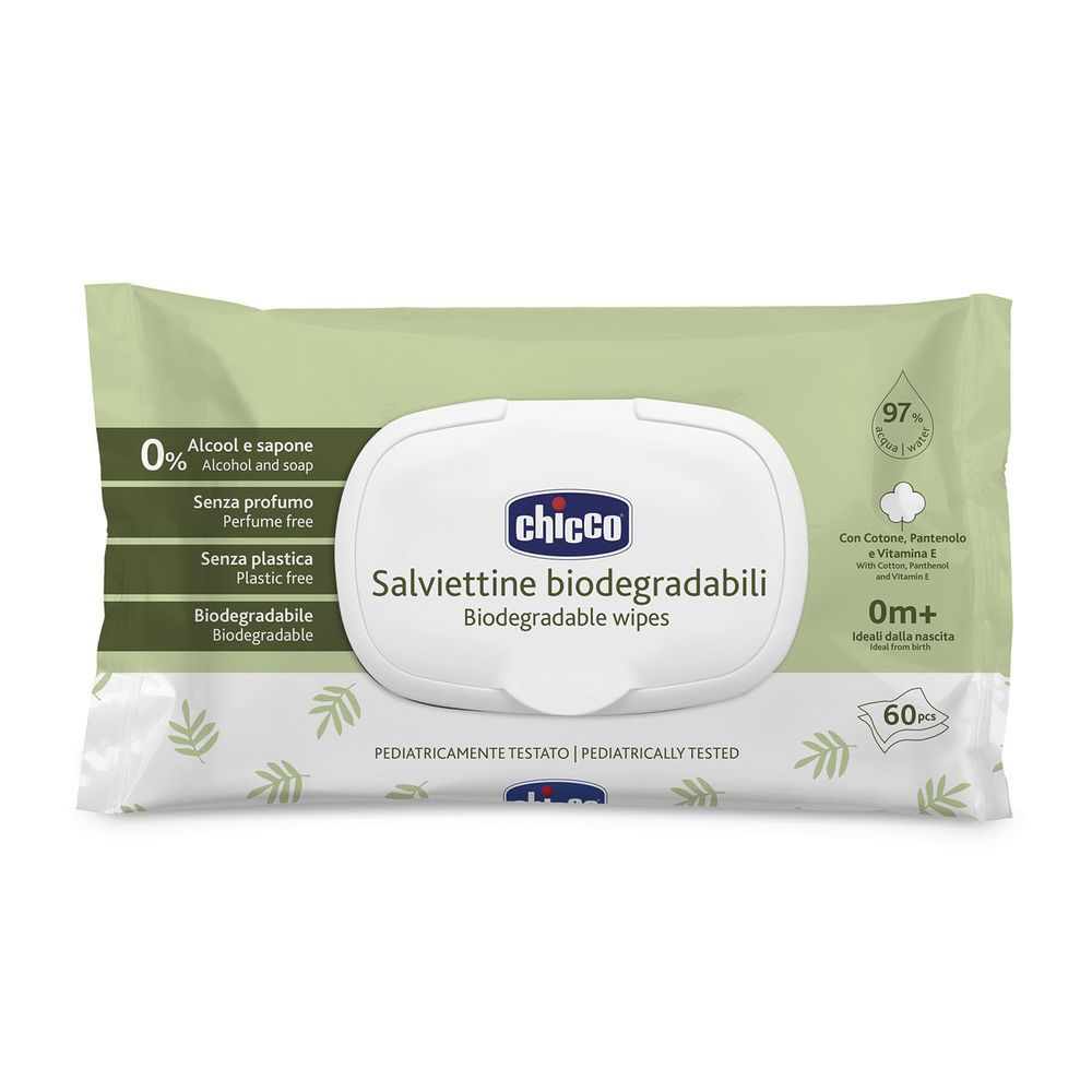 Chicco - Biodegradable Baby Wipes With Flip Cover - 60 Pcs