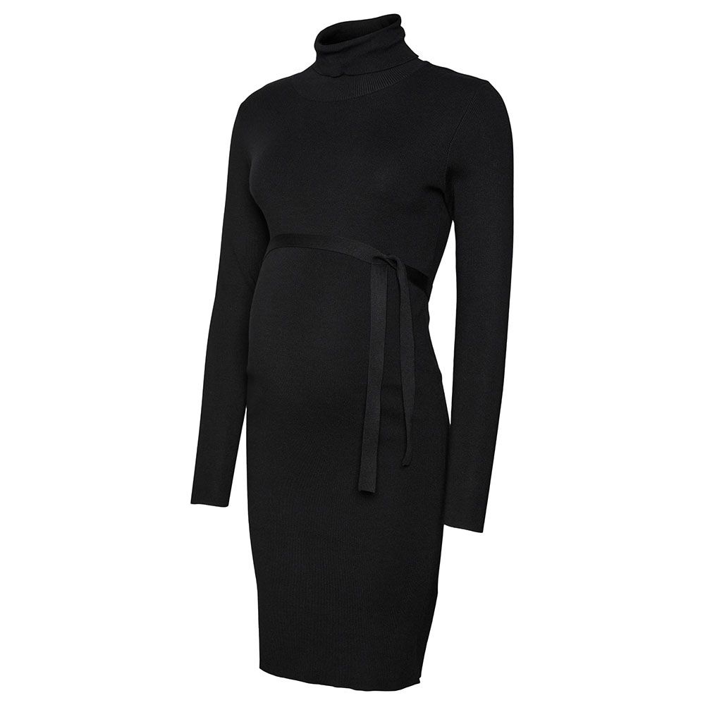 Mamalicious - Long Sleeves Knit Rollneck Dress - Black