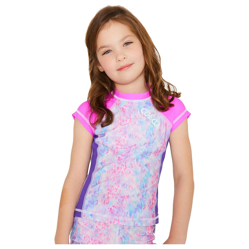 Coega Sunwear - Girls Kids Cap Sleeves Rashguard - Purple Abstract Drops