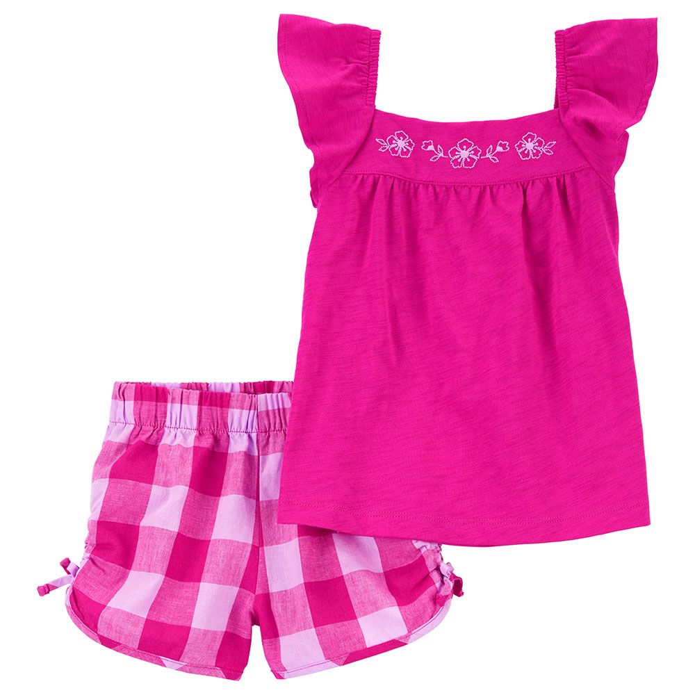 Carters - 2pc-Set - Girls Flutter Top and Gingham Short Set - Pink