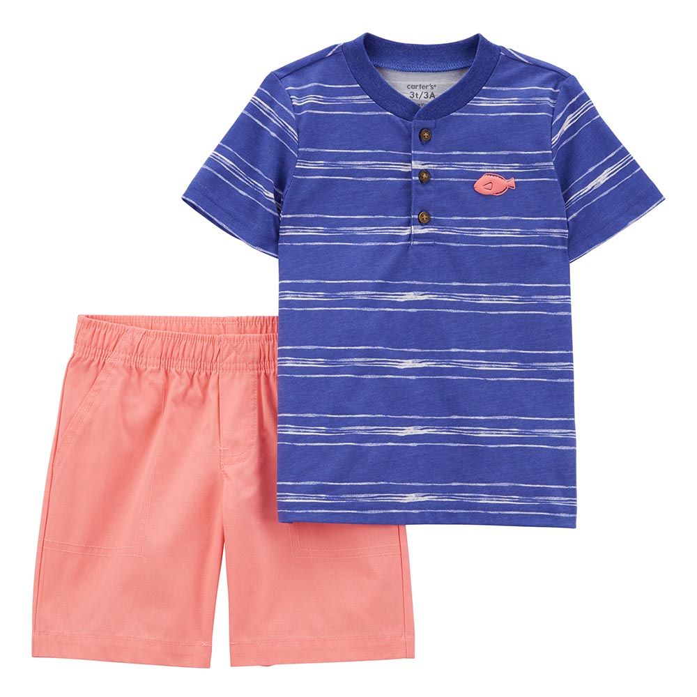 Carters - 2pc-Set - Boys Striped Henley and Short Set - Blue