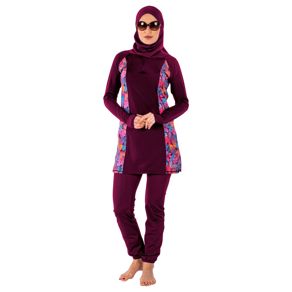 Coega Sunwear - 3pc-Set - Ladies Modest Full Swim Suit - Purple Tropical