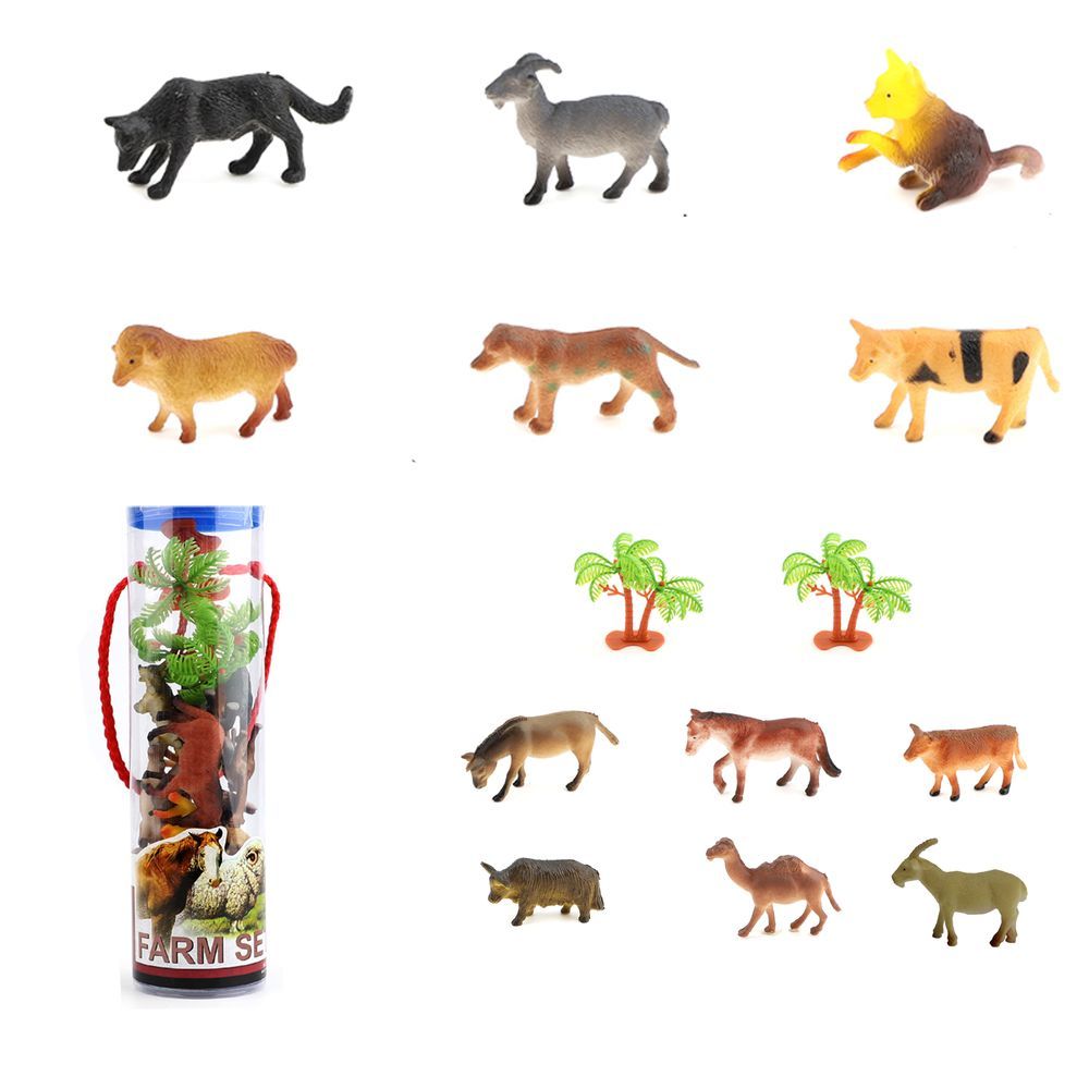 Galaxy Toys - Farmyard Friends Animal Figures With Palm Tree Set - 14 Pcs