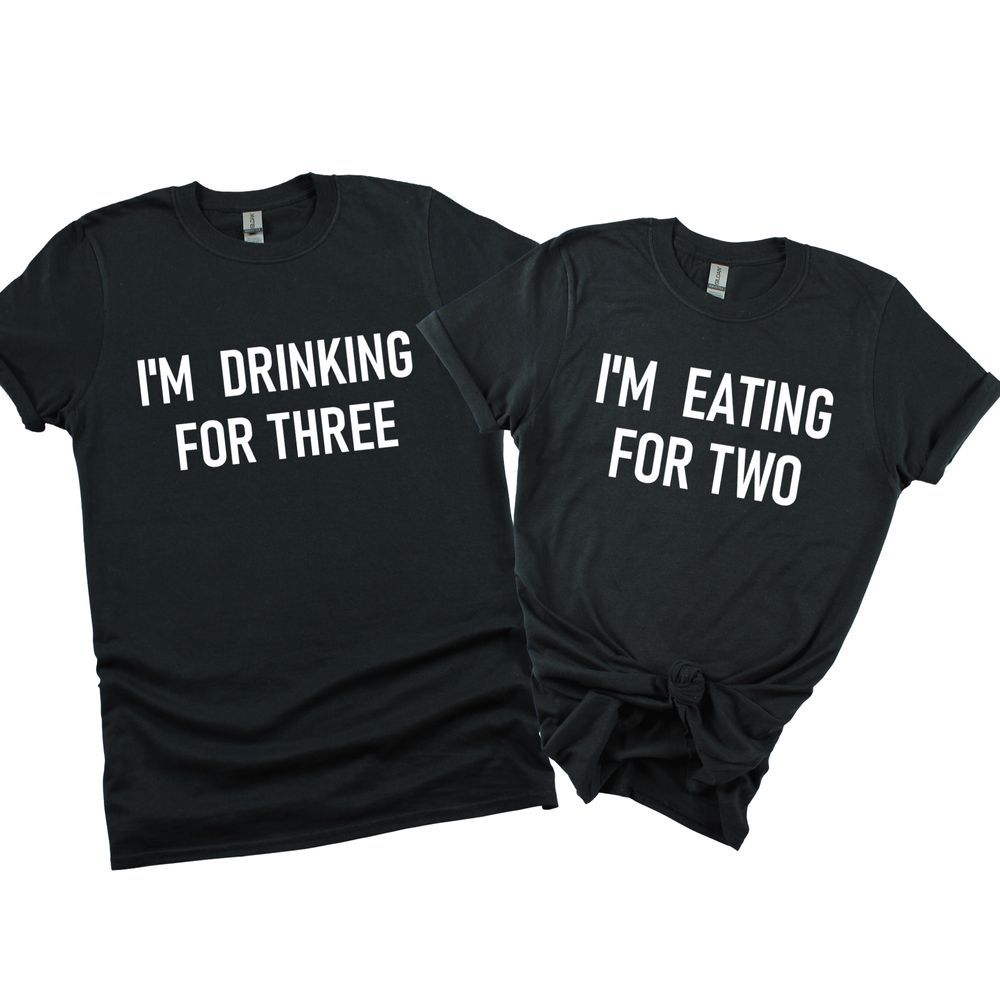 Matching Family Outfits - Matching Parents T-Shirts Dad-Iam Drinking For Three Mom-Iam Eating For Two - Black