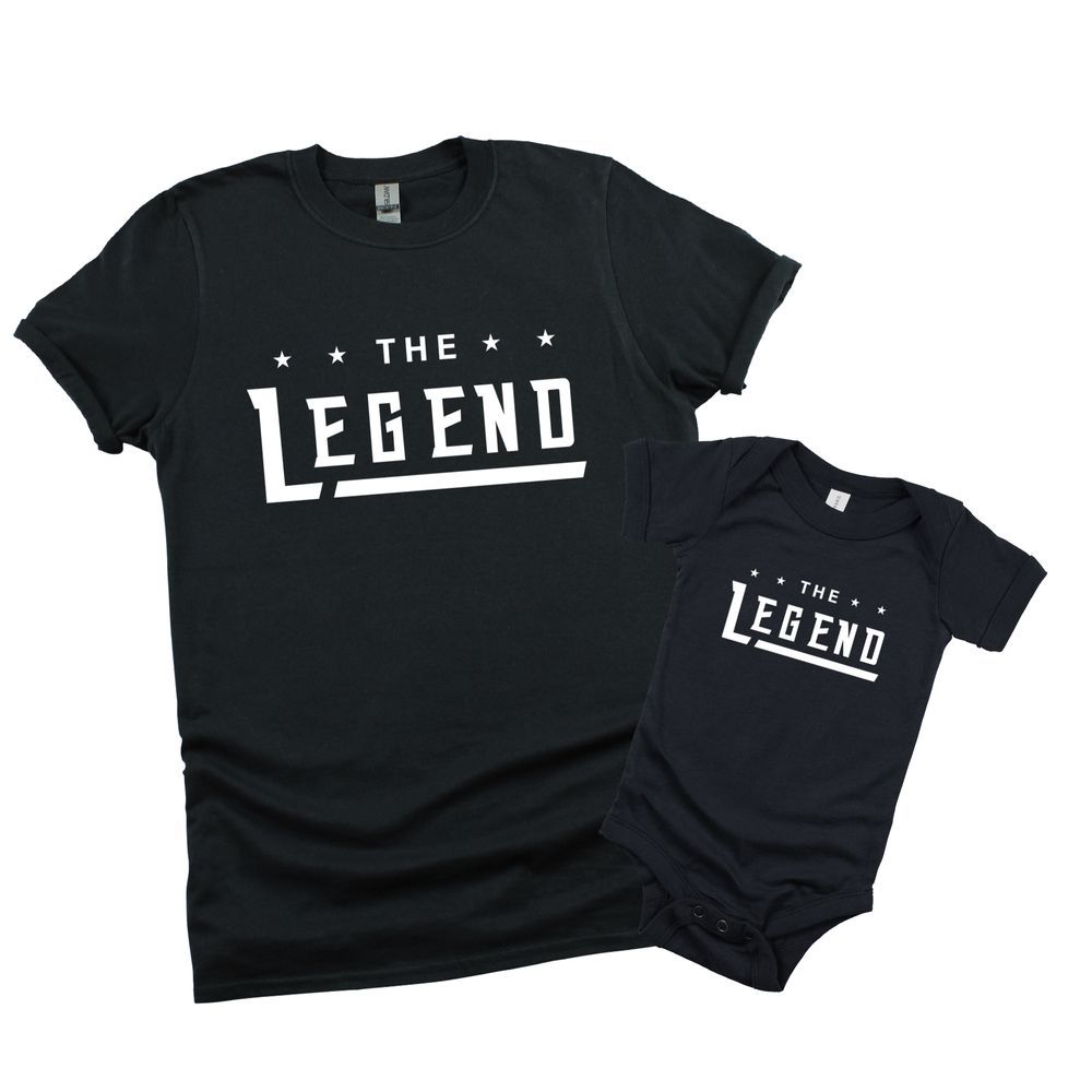 Matching Family Outfits - 2pc-Set - The Legend - Baby Romper & The Legend - Mom/Dad T-Shirt - White