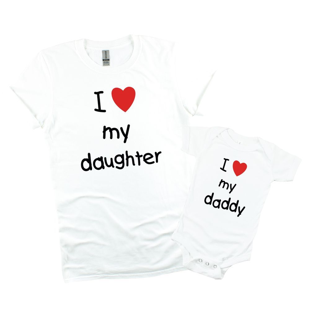 Matching Family Outfits - 2pc-Set - I Love My Daughter Adult T-Shirt And I Love My Daddy Baby Romper - White