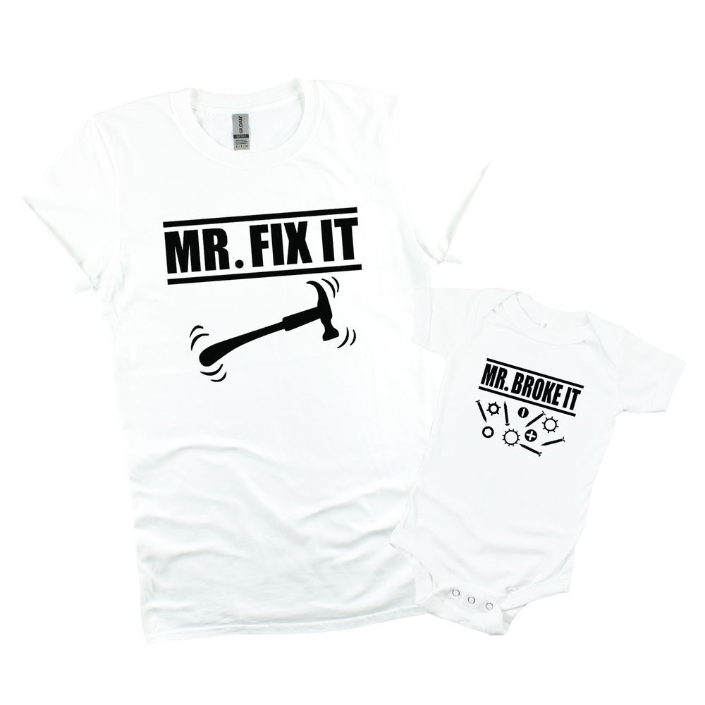 Matching Family Outfits - 2pc-Set - Mr.Broke It Baby Romper And Mr.Fix It Adult T-Shirt - White