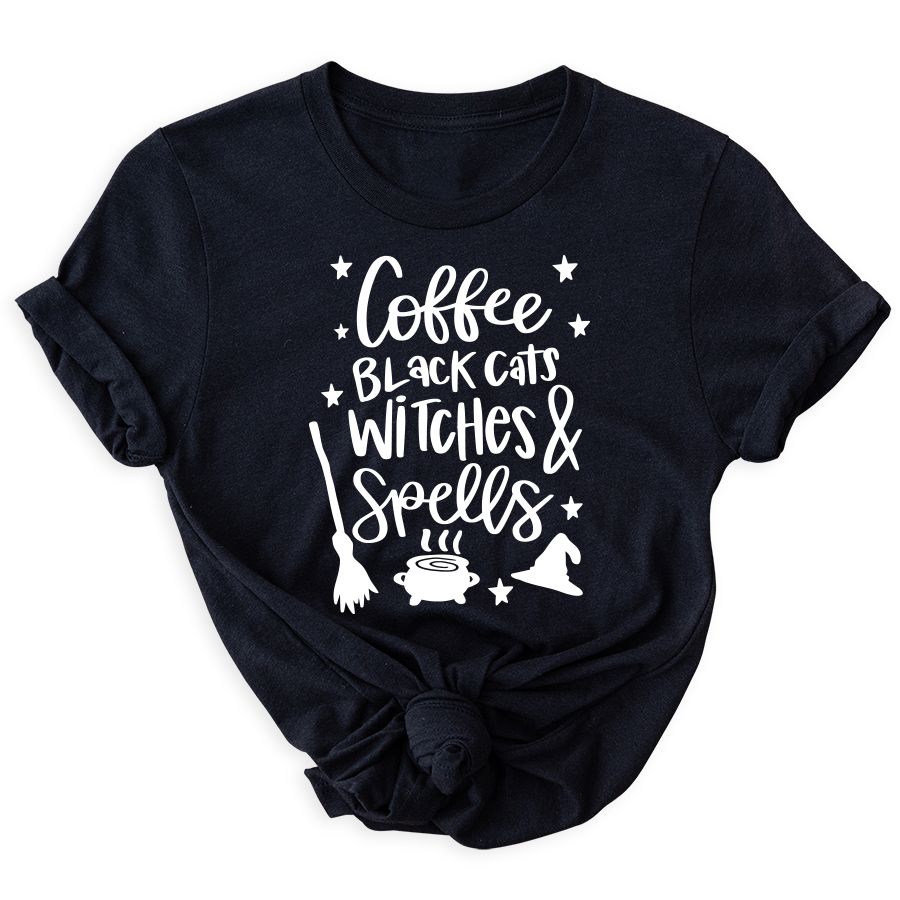 Matching Family Outfits - Coffee Black Cats Witches And Spells T-Shirt - Black