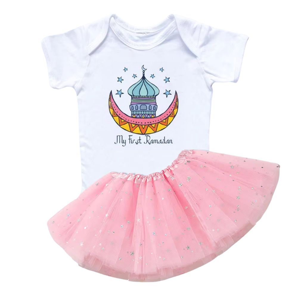 Matching Family Outfits - My First Ramadan Baby Romper & Skirt Set - White & Pink