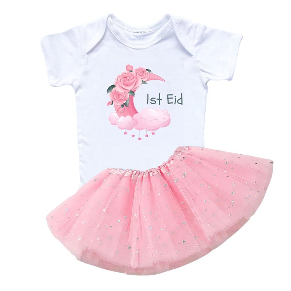 Matching Family Outfits - 1st Eid Baby Romper And Skirt Set - White And Pink