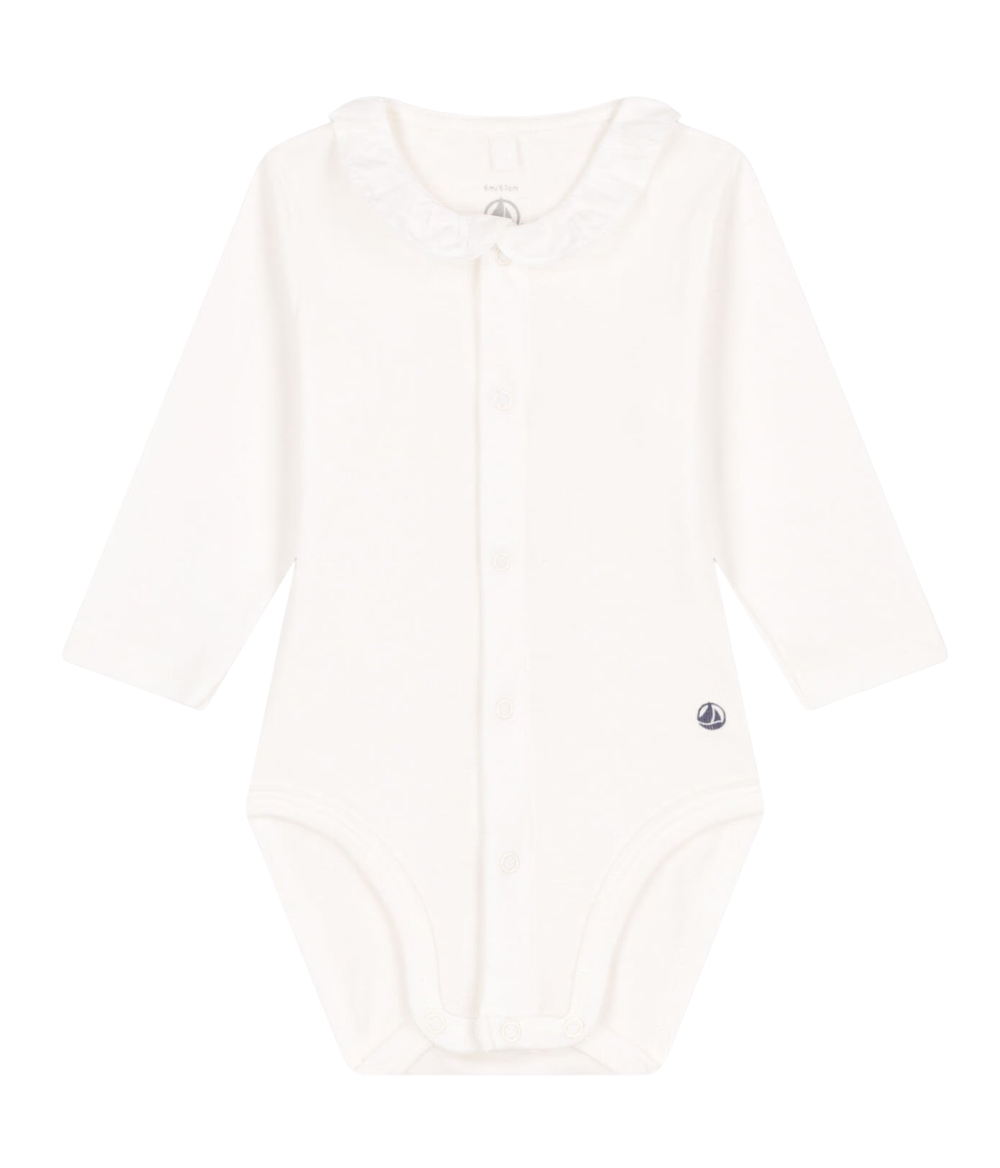 Petit Bateau - Babies' Long-Sleeved Cotton Bodysuit With Ruffle Collar