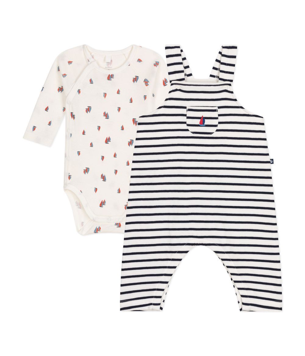 Petit Bateau - 2pc-Set - Babies' Dungarees And Bodysuit - Marshmallow/Smoking White/Blue