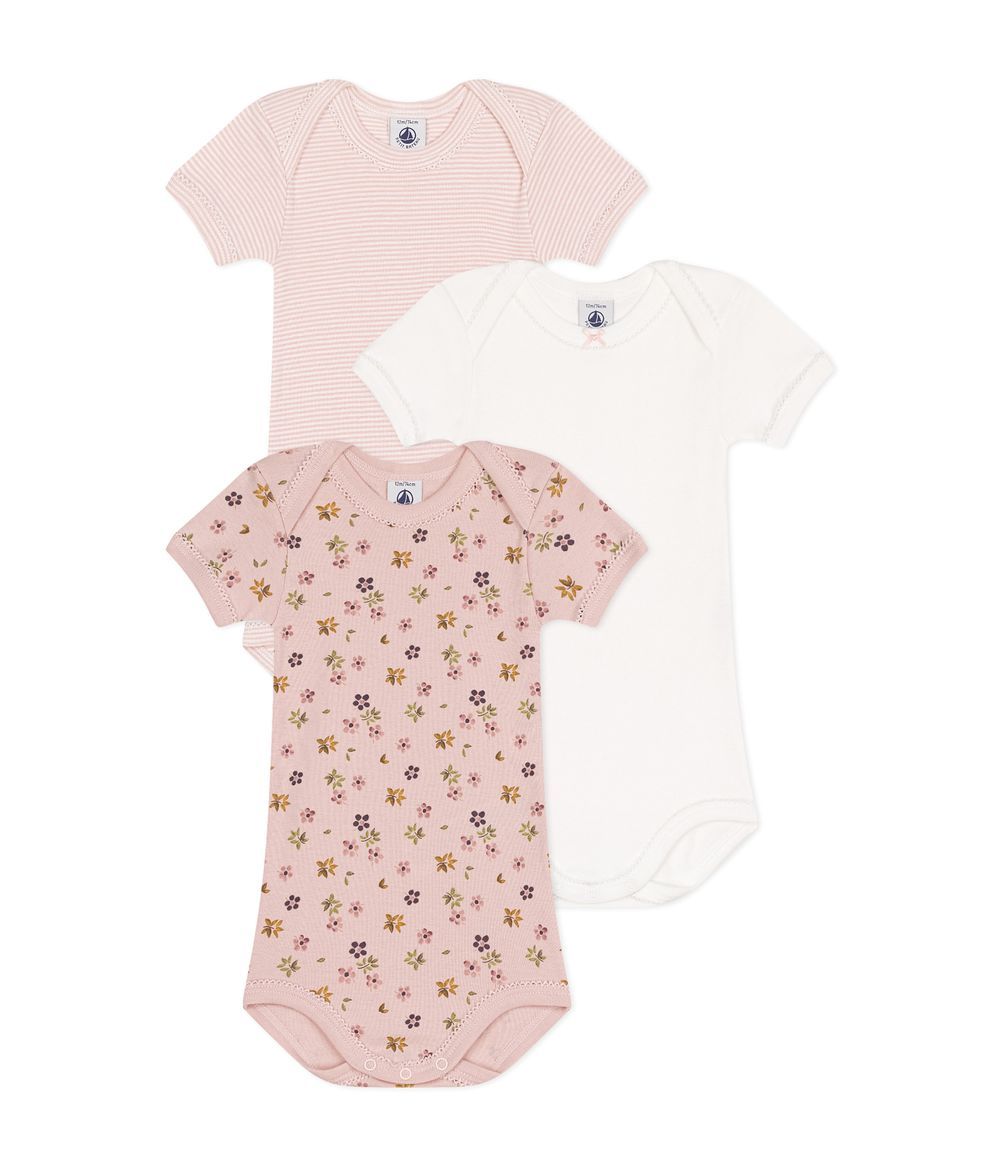 Petit Bateau - 3pc-Set - Babies' Short Sleeved Floral Cotton Bodysuits - Pink/White