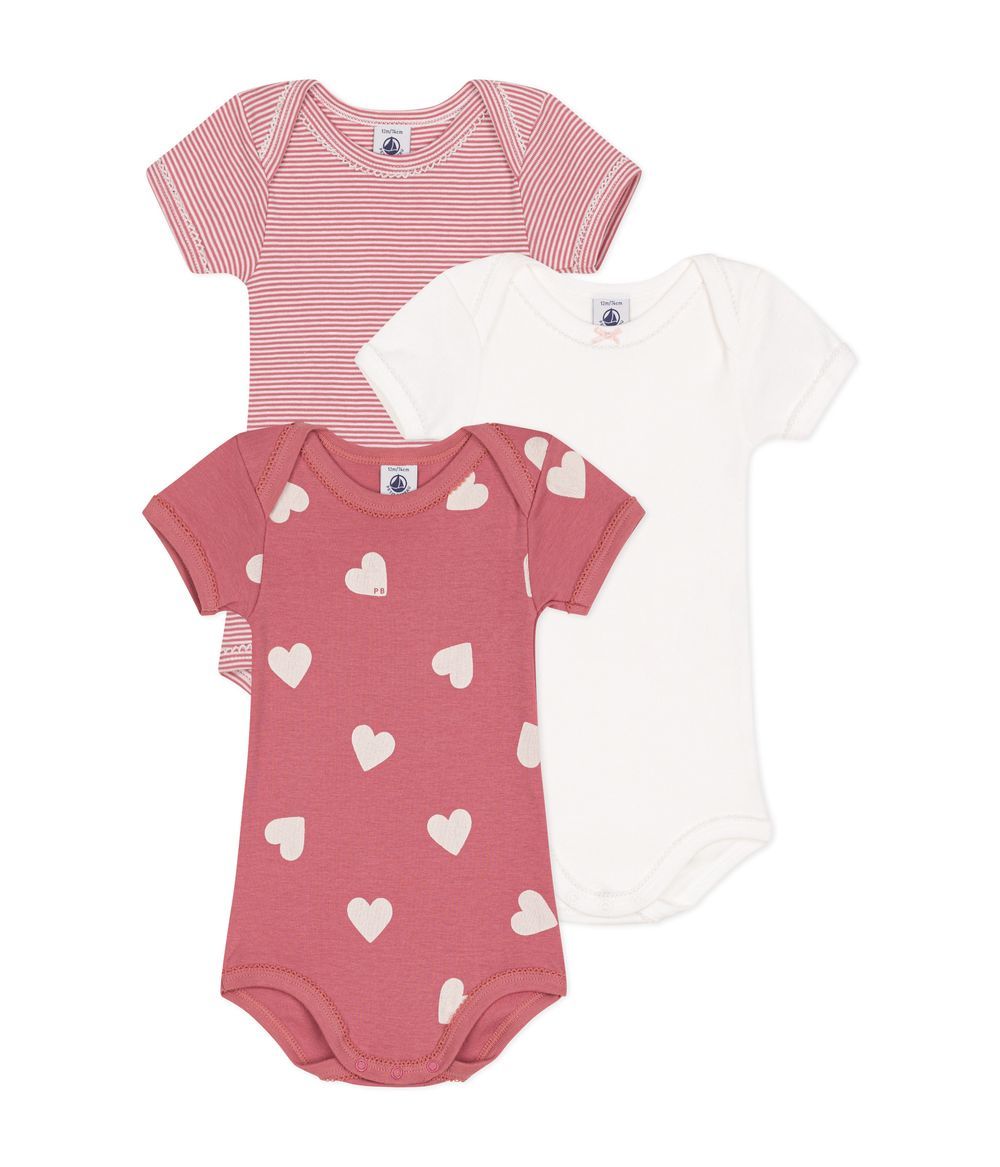 Petit Bateau - 3pc-Set - Babies Short Sleeved Heart Pattern Bodysuits - Pink/White/Red