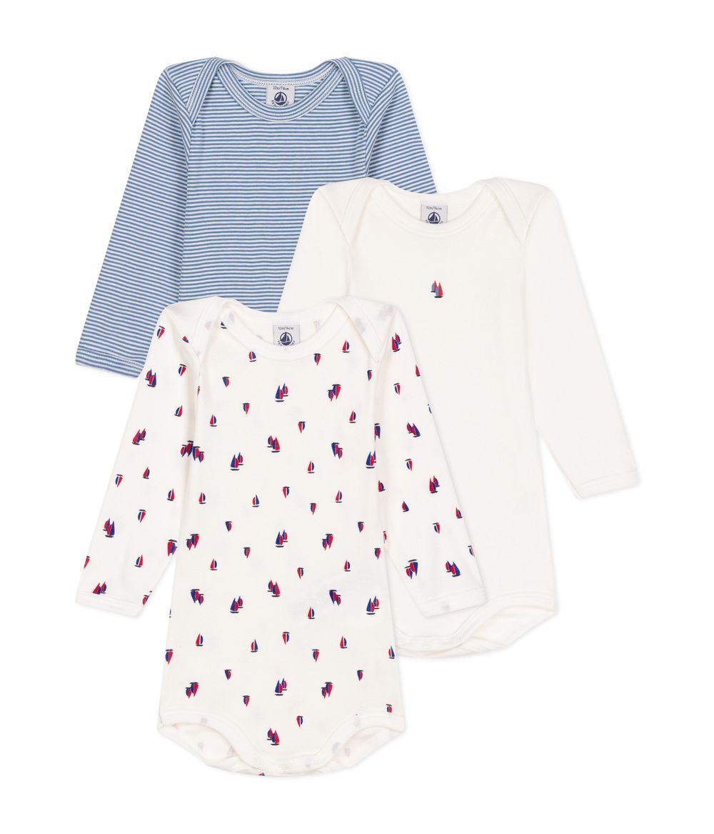 Petit Bateau - 3pc-Set - Babies' Cotton Long Sleeved Regatta Printed Bodysuits - Blue/White