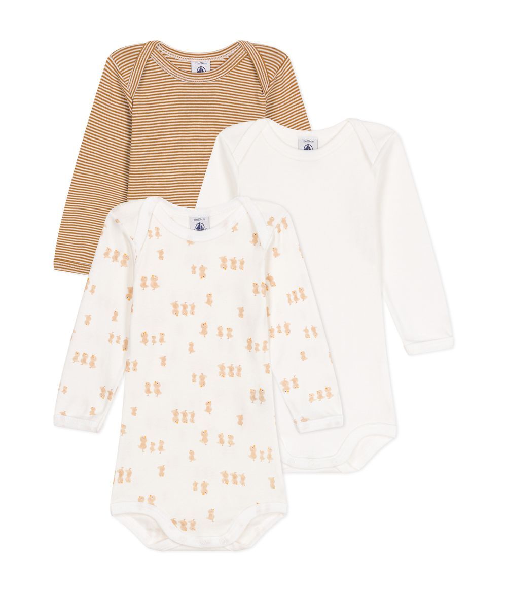 Petit Bateau - 3pc-Set - Babies' Long-Sleeved Chick Print Cotton Bodysuits