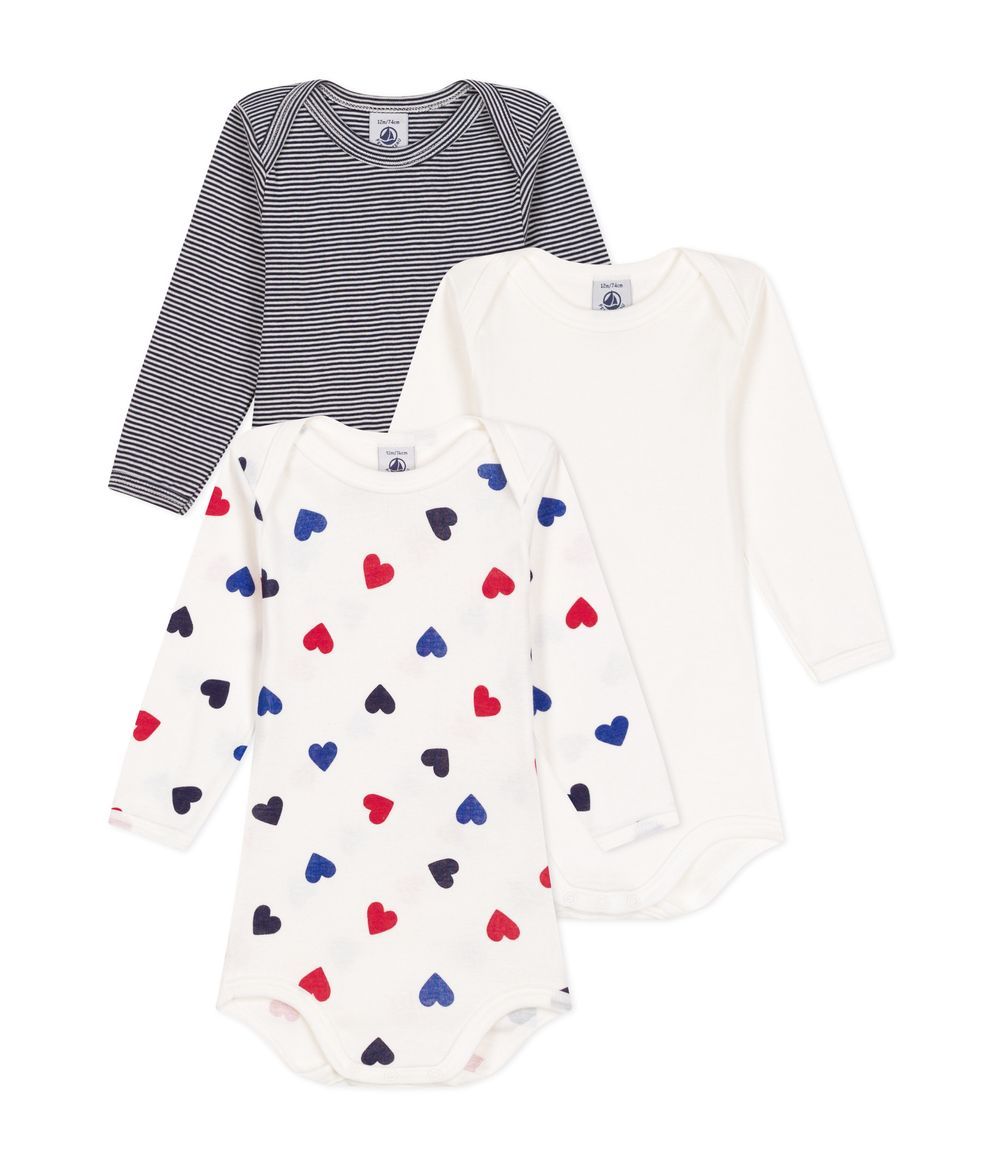 Petit Bateau - 3pc-Set - Babies' Long-Sleeved Cotton Bodysuits With A Triple Heart Print