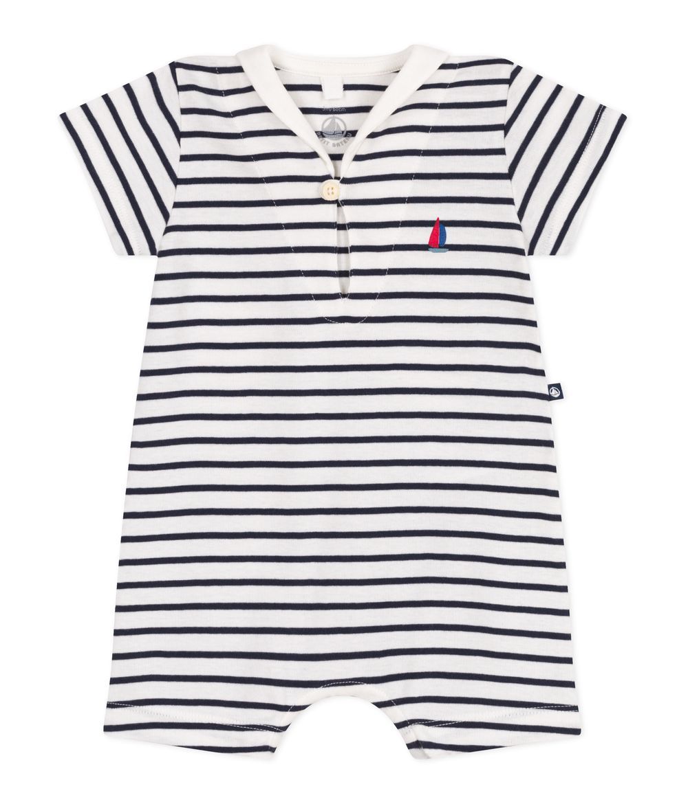 Petit Bateau - Baby's Stripy Cotton Playsuit - Marshmallow White/Smoking Blue