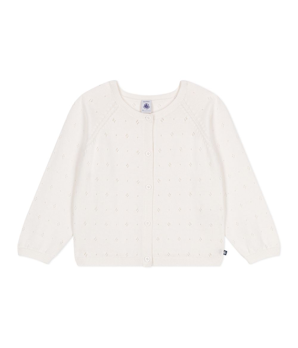 Petit Bateau - Girl's Cotton Cardigan In A Decorative Stitch - Marshmallow White