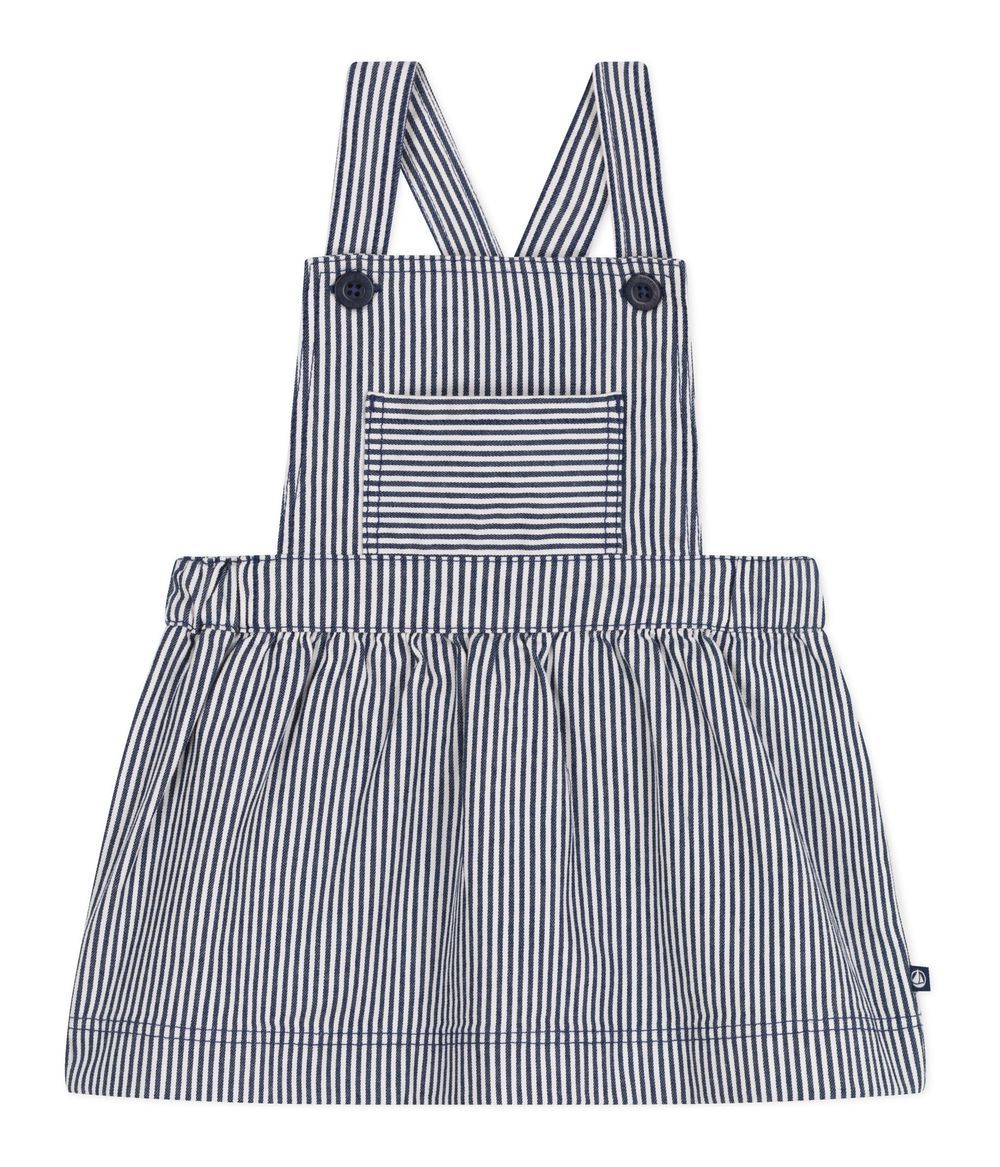 Petit Bateau - Girl's Stripy Dungaree - Medieval Blue/Marshmallow White