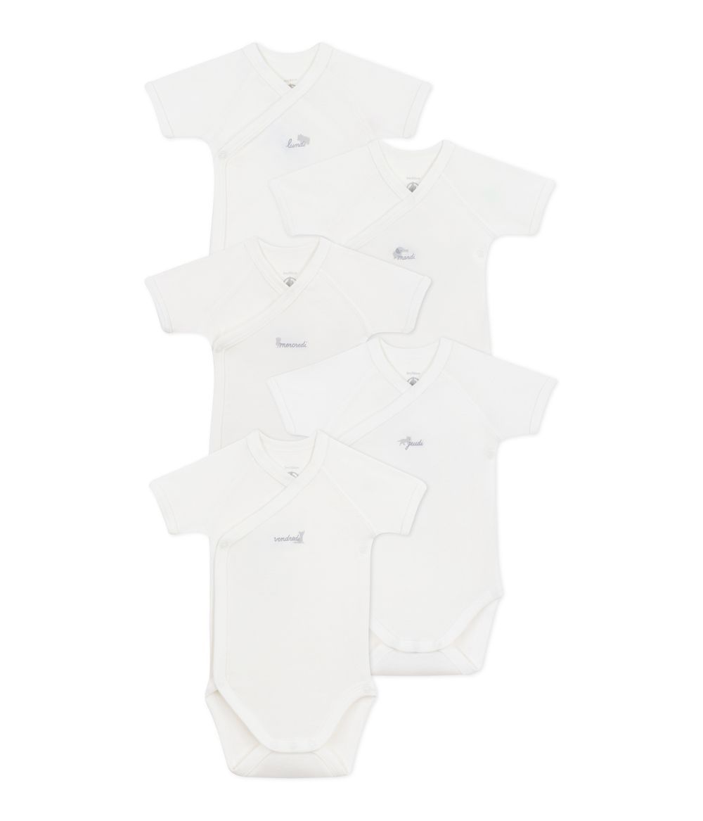 Petit Bateau - Short Sleeved Wrap Over Cotton Bodysuits - 5 Pcs - White