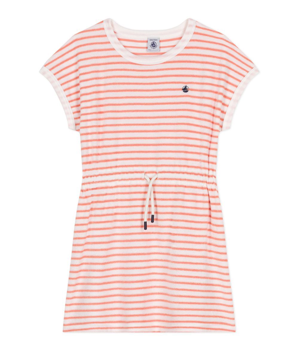 Petit Bateau - Girl's Stripy Towelling Dress - Marshmallow White/Apricot Orange