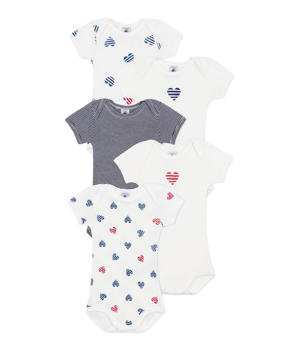 Petit Bateau - Cotton Short Sleeved Bodysuits With Striped Hearts - 5 Pcs