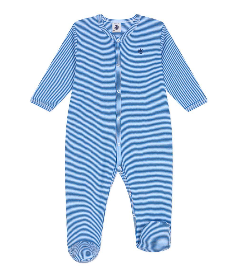 Petit Bateau - Babies' Stripy Cotton Pyjama Suit - Delphinium/Marshmallow Blue/White