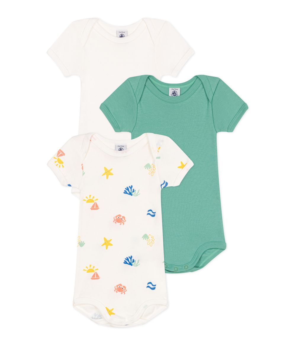 Petit Bateau - 3pc-Set - Short Sleeved Baby Printed Cotton Bodysuits - White/Green